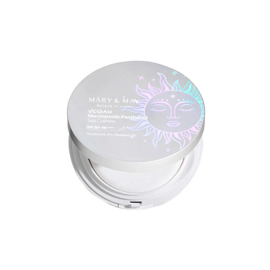 MARY & MAY Vegan Niacinamide Panthenol Sun Cushion SPF50+ PA++++ combines effective sun protection with nourishing care in a convenient cushion format. Infused with Zinc Oxide and Titanium Dioxide, this sunscreen provides reliable broad-spectrum UV defense. Niacinamide brightens the skin, while Panthenol soothes and strengthens the skin barrier. Enriched with Sodium Hyaluronate and Glycerin, it hydrates and maintains moisture levels, leaving skin soft and comfortable. The lightweight, vegan formula ensures 