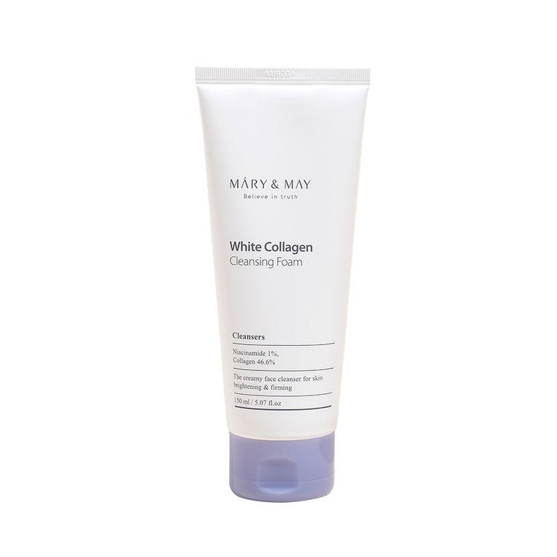 MARY & MAY White Collagen Cleansing Foam is a rich foaming cleanser designed to gently remove impurities while keeping the skin hydrated and soft. Formulated with Hydrolyzed Collagen, it helps maintain skin elasticity and prevent dryness after cleansing. Niacinamide supports a brighter and more even-looking complexion, while Glycerin and Hyaluronic Acid provide lasting moisture. The creamy foam effectively cleanses without stripping the skin, leaving it smooth, refreshed, and comfortable.