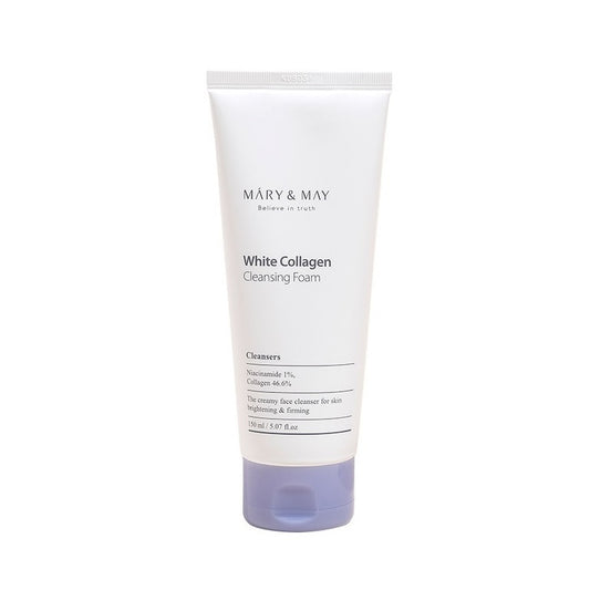MARY & MAY White Collagen Cleansing Foam is a rich foaming cleanser designed to gently remove impurities while keeping the skin hydrated and soft. Formulated with Hydrolyzed Collagen, it helps maintain skin elasticity and prevent dryness after cleansing. Niacinamide supports a brighter and more even-looking complexion, while Glycerin and Hyaluronic Acid provide lasting moisture. The creamy foam effectively cleanses without stripping the skin, leaving it smooth, refreshed, and comfortable.