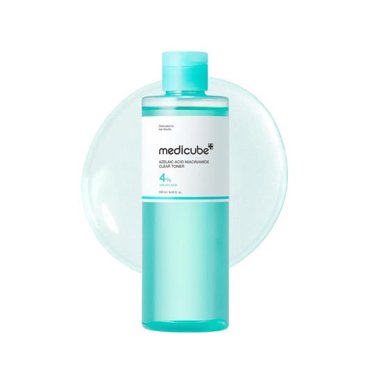 MEDICUBE Azelaic Acid Niacinamide Clear Toner is a gentle balancing toner designed to control excess oil, calm the skin, and improve overall clarity. Formulated with Azelaic Acid, it helps support clearer-looking skin and refine uneven tone, while Niacinamide works to balance and smooth the complexion. Hyaluronic Acid delivers lightweight hydration, while Aloe Vera Leaf Extract and Centella Asiatica help soothe and comfort the skin. The non-comedogenic formula refreshes without clogging pores, leaving skin 