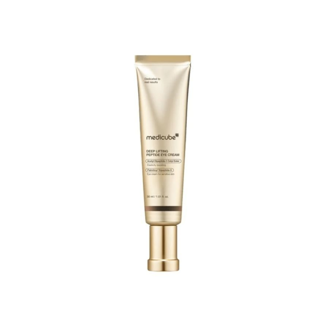 MEDICUBE Deep Lifting Peptide Eye Cream is a nourishing treatment that targets fine lines, puffiness, and loss of firmness around the eyes. Enriched with multi-peptides including Copper Tripeptide-1, Acetyl Hexapeptide, and Palmitoyl Tripeptide-5, it helps boost elasticity and smooth wrinkles for a firmer look. Infused with Niacinamide, Panthenol, Hyaluronic Acid, and Ceramide NP, this cream deeply hydrates, brightens dark circles, and strengthens the skin barrier. With added Collagen and Elastin, it revita
