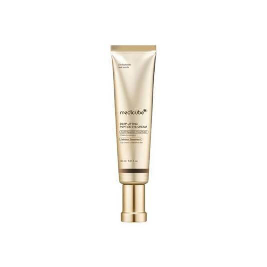 MEDICUBE Deep Lifting Peptide Eye Cream is a nourishing treatment that targets fine lines, puffiness, and loss of firmness around the eyes. Enriched with multi-peptides including Copper Tripeptide-1, Acetyl Hexapeptide, and Palmitoyl Tripeptide-5, it helps boost elasticity and smooth wrinkles for a firmer look. Infused with Niacinamide, Panthenol, Hyaluronic Acid, and Ceramide NP, this cream deeply hydrates, brightens dark circles, and strengthens the skin barrier. With added Collagen and Elastin, it revita