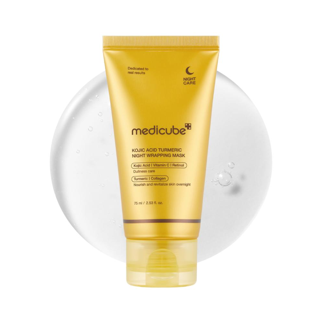 MEDICUBE Kojic Acid Turmeric Night Wrapping Mask is an overnight treatment designed to brighten and revitalize dull skin. Formulated with Kojic Acid, Turmeric Extract, and Niacinamide, it targets dark spots and uneven tone while you sleep. Enriched with Collagen, Retinol, and Hyaluronic Acid, it helps improve skin elasticity and lock in moisture for a smoother, radiant complexion by morning.