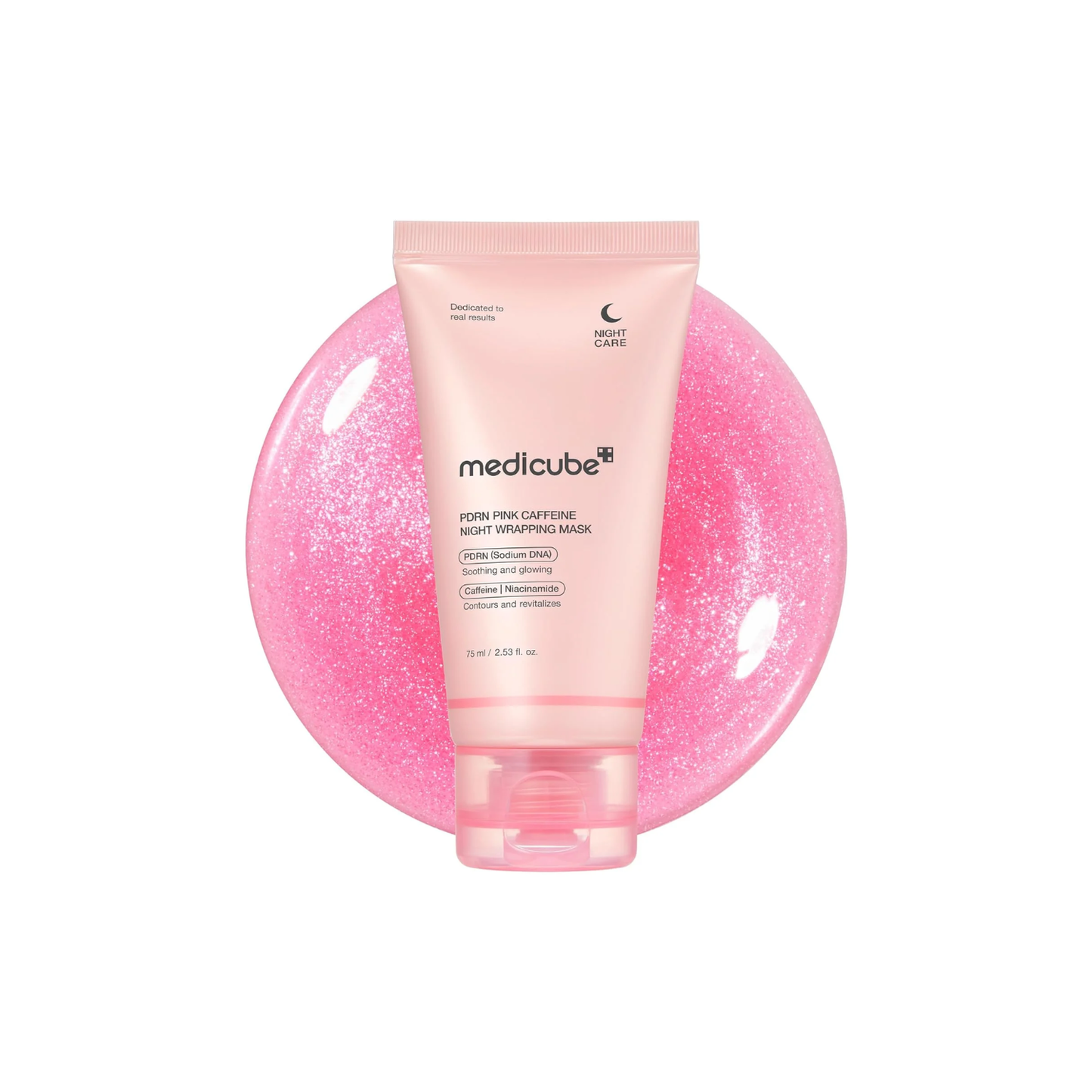 MEDICUBE PDRN Pink Caffeine Night Wrapping Mask is an overnight mask designed to hydrate, firm, and refresh tired skin while you sleep. Formulated with PDRN (Sodium DNA), Caffeine, and Niacinamide, it helps improve skin radiance and support elasticity. Multiple forms of Hyaluronic Acid, along with Collagen and Peptides, provide deep hydration and help smooth the appearance of fine lines. The lightweight wrapping formula forms a comfortable layer on the skin to lock in moisture and leave your complexion look