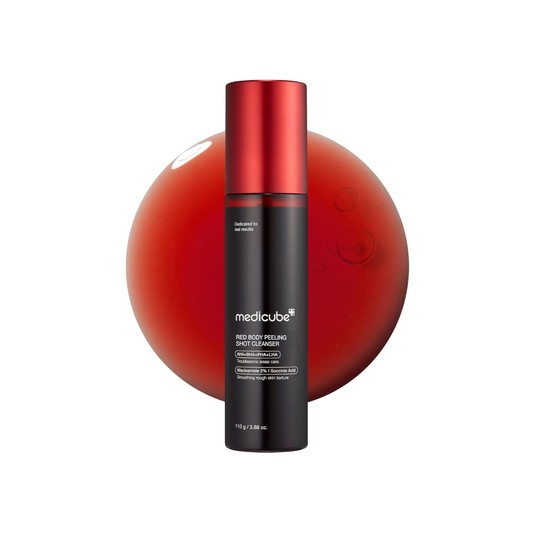 MEDICUBE Red Body Peeling Shot is a strong body exfoliating treatment made for rough texture, clogged pores, body blemishes, and oily or acne-prone body skin. Formulated with Lactic Acid, Gluconolactone, Salicylic Acid, Glycolic Acid, Capryloyl Salicylic Acid, Niacinamide, Panthenol, Allantoin, Tea Tree, Willow Bark, Centella Asiatica, and Green Tea Extract, it helps remove dead skin cells, smooth bumpy areas, and refine uneven texture. This treatment is best for areas like the back, chest, arms, and legs w