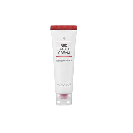 MEDICUBE Red Erasing Cream is a soothing cream designed to reduce redness and even out skin tone. Formulated with Zinc Oxide, Niacinamide, and Panthenol, it calms irritation, brightens dullness, and strengthens the skin barrier. Enriched with Squalane, Jojoba Oil, and Botanical Extracts, it provides lightweight hydration while supporting skin repair. With added Peptides, Vitamins, and Fermented Extracts, this cream helps improve overall skin health, leaving the complexion clear, smooth, and balanced.
