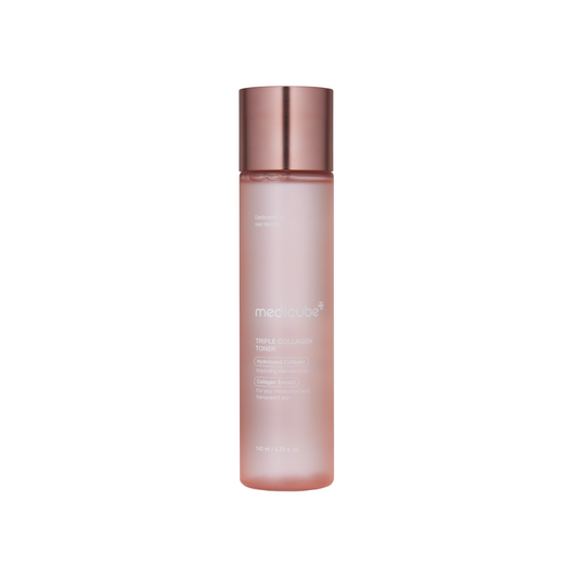 MEDICUBE Triple Collagen Toner is a hydrating and firming toner enriched with Triple Collagen Complex, including Hydrolyzed Collagen, Soluble Collagen, and Atelocollagen, to boost skin elasticity and smoothness. Formulated with Niacinamide and Hyaluronic Acid, it helps brighten and deeply moisturize the skin. Lightweight and refreshing, this toner preps the skin for better absorption while leaving it soft, supple, and radiant.