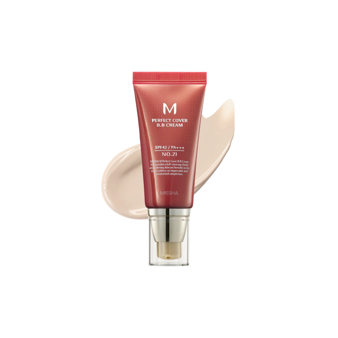 MISSHA M Perfect Cover BB Cream provides seamless coverage with a lightweight, hydrating texture. Formulated with Arbutin, Ceramides, and Hyaluronic Acid, it helps brighten and moisturize the skin while strengthening its barrier. Enhanced with botanical extracts like Rosemary and Chamomile, along with nourishing oils such as Jojoba and Macadamia, it soothes and refines the skin for a smooth, radiant finish. Perfect for a natural, flawless look.