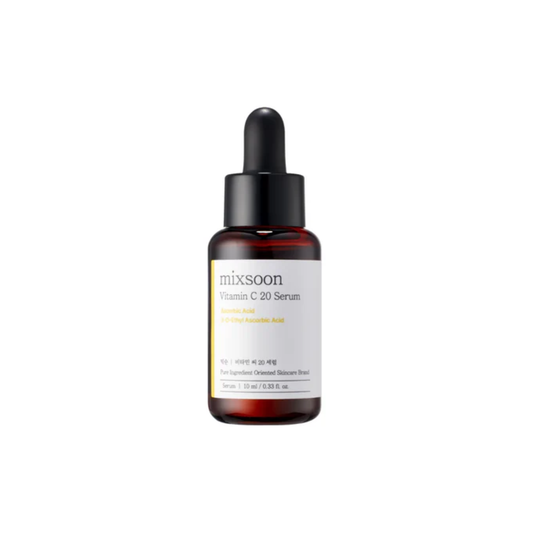 MIXSOON Vitamin C 20 Serum is a high-strength brightening serum designed to target dullness, uneven skin tone, and rough texture. Formulated with 20% pure Vitamin C, Niacinamide, Glutathione, Ferulic Acid, and Caffeic Acid, it helps boost radiance, improve the look of dark spots, and support a clearer, more luminous complexion. The lightweight formula absorbs without stickiness and is best suited for dull, uneven, normal, combination, and pigmentation-prone skin. Sensitive skin should introduce it gradually