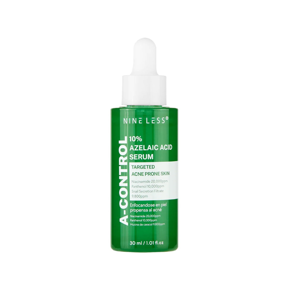 NINELESS A-Control 10% Azelaic Acid Serum is a targeted treatment designed to help improve uneven skin tone and reduce the appearance of blemishes. Formulated with 10% Azelaic Acid, it helps calm redness and support clearer-looking skin. Niacinamide, Panthenol, and Centella Asiatica Extract work together to soothe and strengthen the skin barrier, while hydrating ingredients help maintain balanced, comfortable skin. The lightweight serum absorbs easily, leaving the complexion smoother and more even.