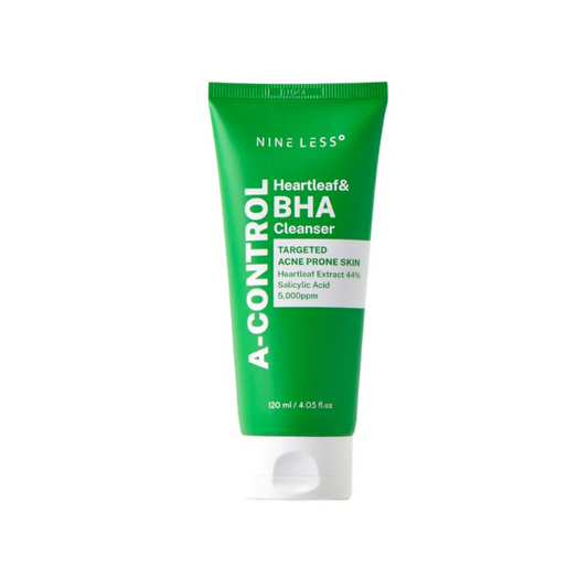 NINELESS A-Control Heartleaf & BHA Cleanser is a gentle foaming cleanser that helps clear pores and calm troubled skin. Powered by Heartleaf Extract and Salicylic Acid, it removes excess oil, impurities, and dead skin cells while soothing irritation. Enriched with Centella Asiatica, Green Tea, and Willow Bark Extracts, this cleanser keeps the skin balanced, refreshed, and smooth without over-drying.