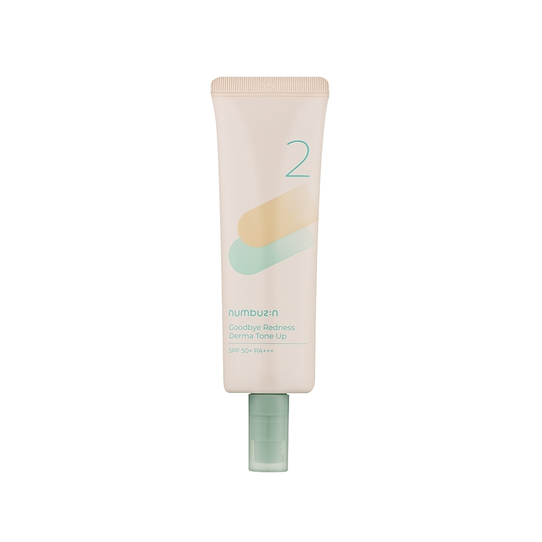 NUMBUZIN No.2 Goodbye Redness Derma Tone Up SPF50+ PA+++ is a multi-functional sunscreen and tone-up cream designed to even out skin tone while offering broad-spectrum UV protection. Infused with Centella Asiatica Extract, Artemisia Capillaris Extract, and Houttuynia Cordata Extract, it calms and soothes redness-prone skin, making it perfect for sensitive or irritated skin types. The lightweight formula blends effortlessly, leaving a natural, radiant finish. Powered by Titanium Dioxide and Zinc Oxide, it sh