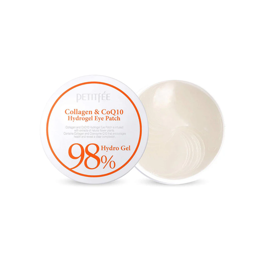 PETITFEE Collagen & CoQ10 Hydrogel Eye Patch is a hydrating and firming eye treatment that helps improve the look of fine lines and tired under-eyes. Formulated with Hydrolyzed Collagen, CoQ10, and Sodium Hyaluronate, it boosts moisture and elasticity. Enriched with soothing botanical extracts like Green Tea, Aloe, and Ginseng, it leaves the skin refreshed, smooth, and radiant.