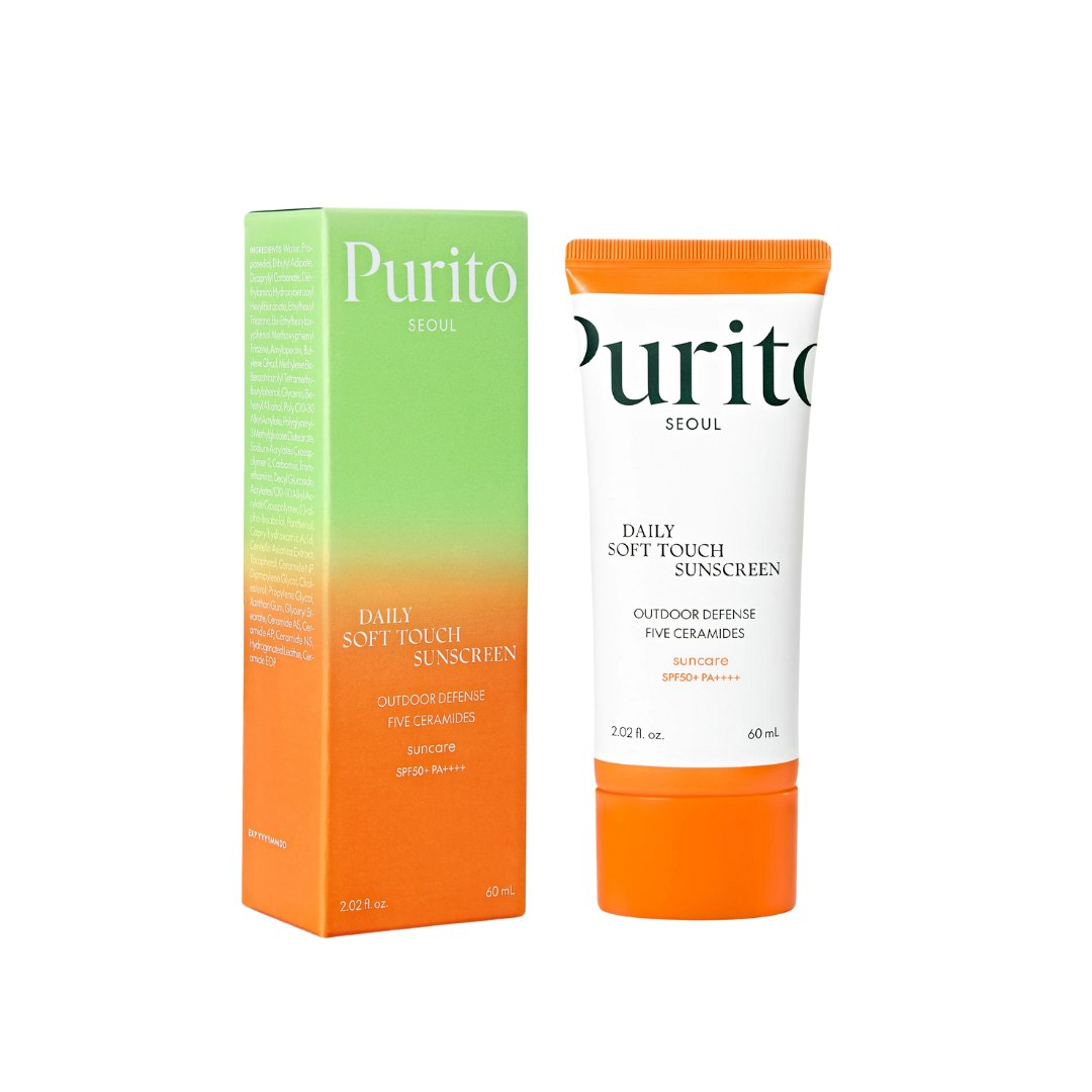 PURITO SEOUL Daily Soft Touch Sunscreen is a lightweight, non-greasy sunscreen that provides broad-spectrum SPF50+ PA++++ protection against harmful UV rays. Formulated with soothing ingredients like Centella Asiatica Extract and Panthenol, it calms the skin while delivering effective sun defense. Enriched with Ceramides and Tocopherol, it strengthens the skin barrier and locks in moisture for long-lasting hydration. Perfect for daily use, this sunscreen absorbs quickly, leaving the skin soft and protected 