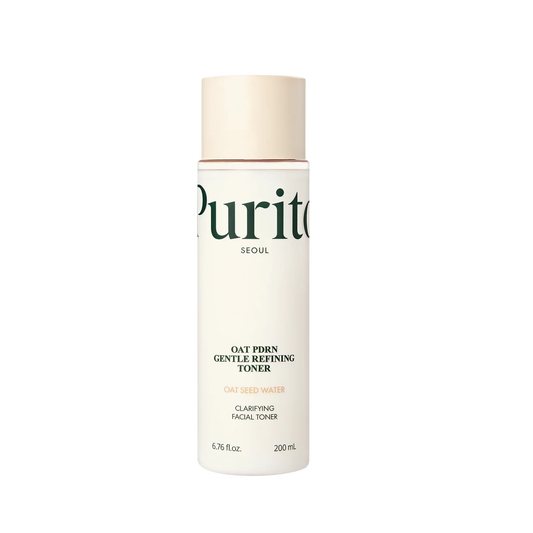 PURITO SEOUL Oat PDRN Gentle Refining Toner delivers gentle hydration while strengthening the skin barrier. Enriched with Avena Sativa (Oat) Extract, Sodium DNA (PDRN), Ceramide NP, and Panthenol, it helps soothe sensitive skin and maintain long-lasting moisture.