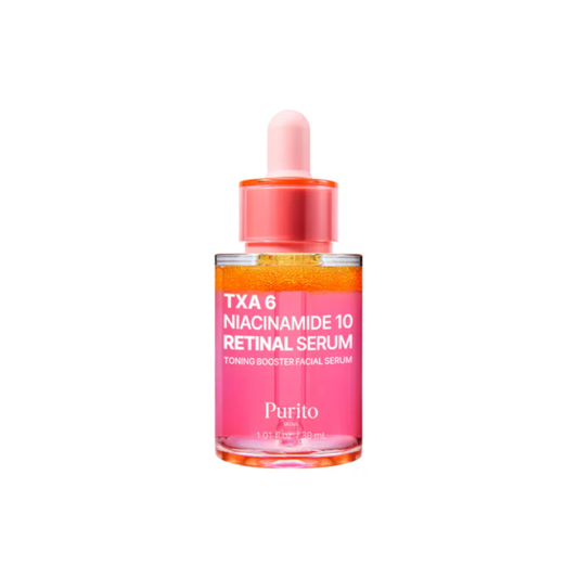 PURITO SEOUL TXA 6 Niacinamide 10 Retinal Serum is a brightening and renewing serum designed to improve the look of dark spots, uneven tone, fine lines, and rough texture. Formulated with 10% Niacinamide, Tranexamic Acid, Retinal, Glutathione, Centella Asiatica Extract, and Ceramide NP, it helps support a clearer, smoother, and more radiant-looking complexion while caring for the skin barrier. Best suited for dull, uneven, normal, combination, and mature skin. Retinal beginners or sensitive skin types shoul