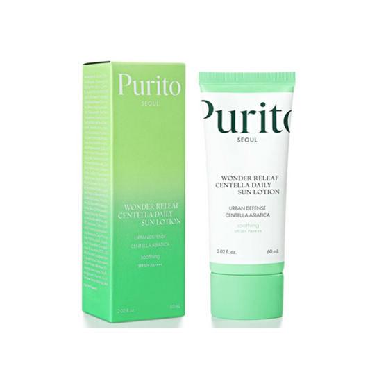PURITO SEOUL Wonder Releaf Centella Daily Sun Lotion combines effective sun protection with soothing hydration. Formulated with Centella Asiatica Extract (30,108 ppm), it calms and strengthens the skin barrier, while Niacinamide brightens and balances the complexion. Featuring broad-spectrum UV filters like Ethylhexyl Triazone and Bis-Ethylhexyloxyphenol Methoxyphenyl Triazine, it provides reliable SPF coverage. Enriched with multiple forms of Hyaluronic Acid, this lightweight lotion delivers intense hydrat