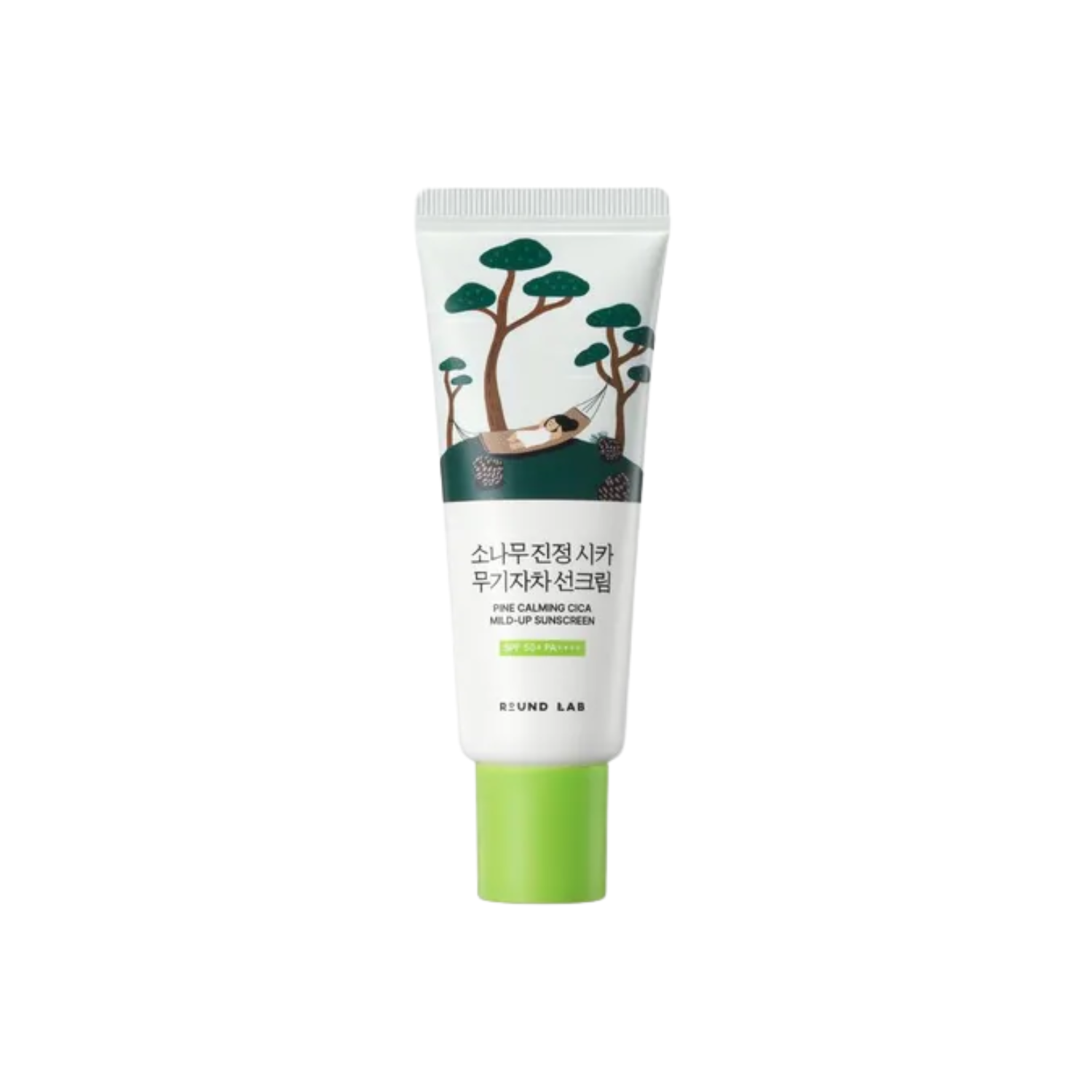 ROUND LAB Pine Calming Cica Mild Up Sunscreen is a gentle physical sunscreen that provides strong SPF 50+ PA++++ protection with a non-nano mineral filter. Formulated with Zinc Oxide, Pine Cica Activer™, ACZERO, β-Sitosterol, Niacinamide, Centella Asiatica Extract, Madecassoside, Hyaluronic Acid, Sodium Hyaluronate, Allantoin, and Sunflower Seed Oil, it helps protect the skin from UVA and UVB rays while soothing sensitive or acne-prone skin. The smooth emulsion texture applies softly, feels comfortable on t
