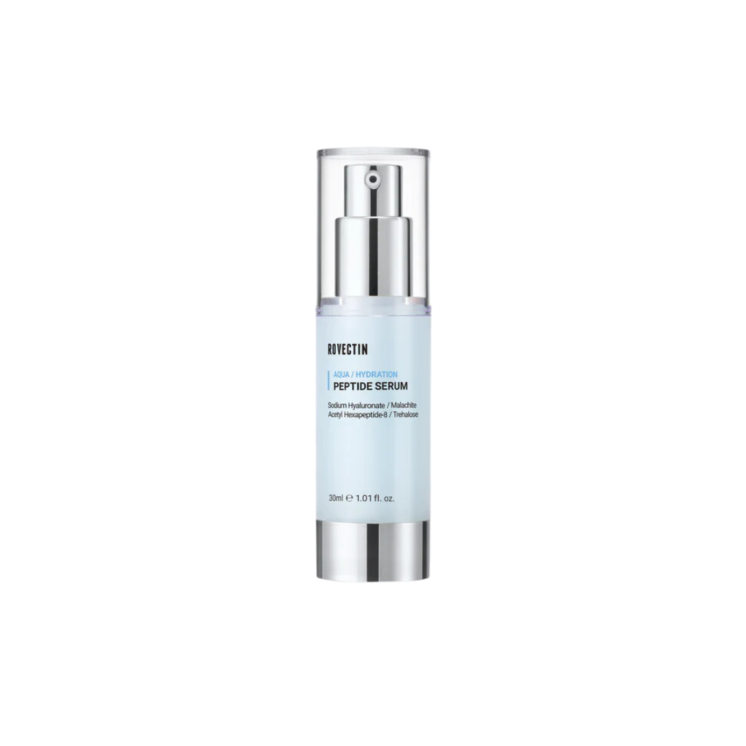 ROVECTIN Aqua Peptide Serum is a refreshing, lightweight serum that deeply hydrates while helping to improve skin elasticity and smoothness. Powered by Niacinamide and Acetyl Hexapeptide-8, it works to minimize fine lines and enhance skin texture. Enriched with Aloe Vera and multiple forms of Hyaluronic Acid, this serum locks in moisture and soothes irritation. Suitable for all skin types, it absorbs effortlessly, leaving your skin soft, plump, and glowing. A perfect addition to your daily routine for firmi