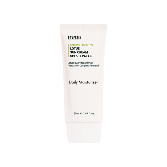 ROVECTIN Calming Lotus Sun Cream delivers hydration and soothing care in a lightweight formula. Enriched with Lotus Flower Extract, Niacinamide, and Panthenol, it helps calm sensitive skin, enhance brightness, and support moisture retention. With added botanical extracts like Angelica and Hibiscus, this cream nourishes and revitalizes, leaving your skin refreshed, smooth, and ready for the day.