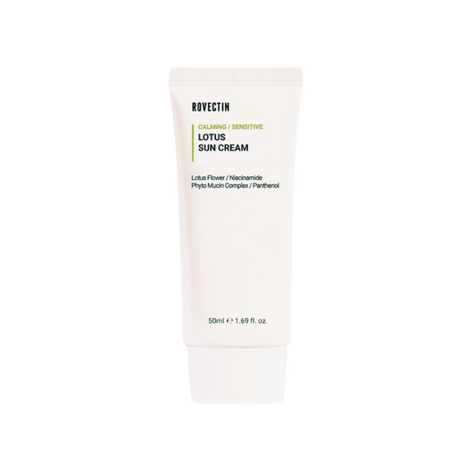 ROVECTIN Calming Lotus Sun Cream delivers hydration and soothing care in a lightweight formula. Enriched with Lotus Flower Extract, Niacinamide, and Panthenol, it helps calm sensitive skin, enhance brightness, and support moisture retention. With added botanical extracts like Angelica and Hibiscus, this cream nourishes and revitalizes, leaving your skin refreshed, smooth, and ready for the day.