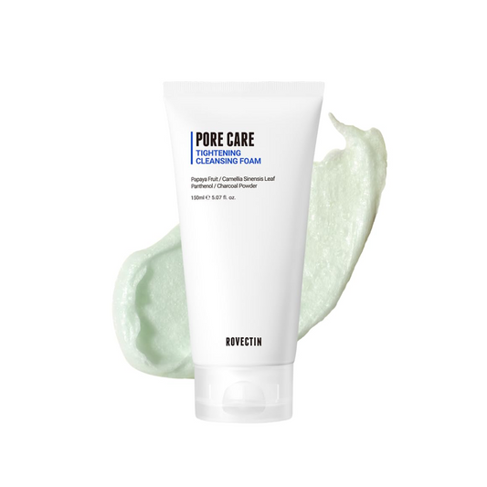 ROVECTIN Pore Care Tightening Cleansing Foam is a gentle yet effective foaming cleanser that deeply cleanses pores and removes excess oil. Formulated with fruit extracts, Charcoal Powder, and botanical ingredients, it helps refine skin texture while absorbing impurities. Panthenol and Allantoin soothe and hydrate the skin, leaving it clean, balanced, and refreshed without feeling dry.