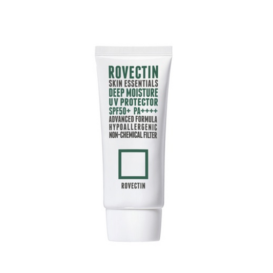 ROVECTIN Skin Essentials Deep Moisture UV Protector offers reliable SPF protection with a nourishing touch. Infused with Zinc Oxide and Titanium Dioxide, it provides broad-spectrum sun defense, while Niacinamide brightens and evens skin tone. Enriched with Echium Plantagineum Seed Oil, Cardiospermum Halicacabum Extract, and Panthenol, this sunscreen hydrates and soothes the skin, making it ideal for sensitive or dry skin types. Its lightweight formula ensures a smooth, non-greasy finish, perfect for everyda