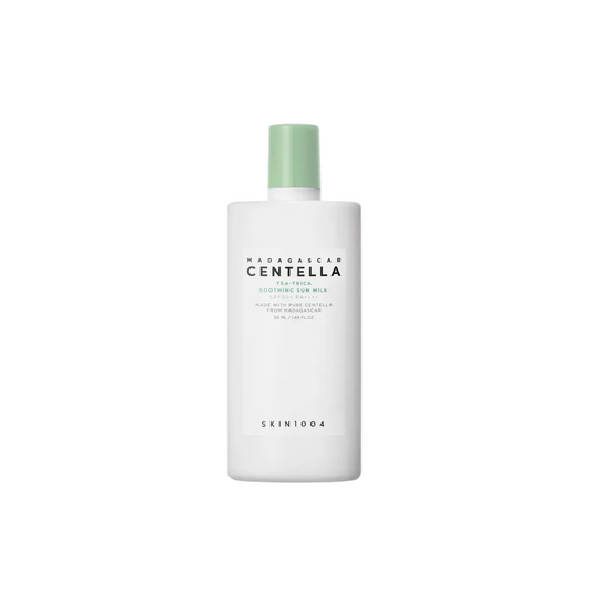 SKIN1004 Madagascar Centella Tea-Trica Soothing Sun Milk provides a lightweight and refreshing solution for soothing and hydrating the skin. Featuring Centella Asiatica Extract and Tea Tree Leaf Water, it calms irritation while supporting skin balance. Enhanced with Niacinamide and natural extracts like Fig and Evening Primrose, this formula nourishes and leaves the skin smooth and comfortable, making it perfect for daily care.&nbsp;