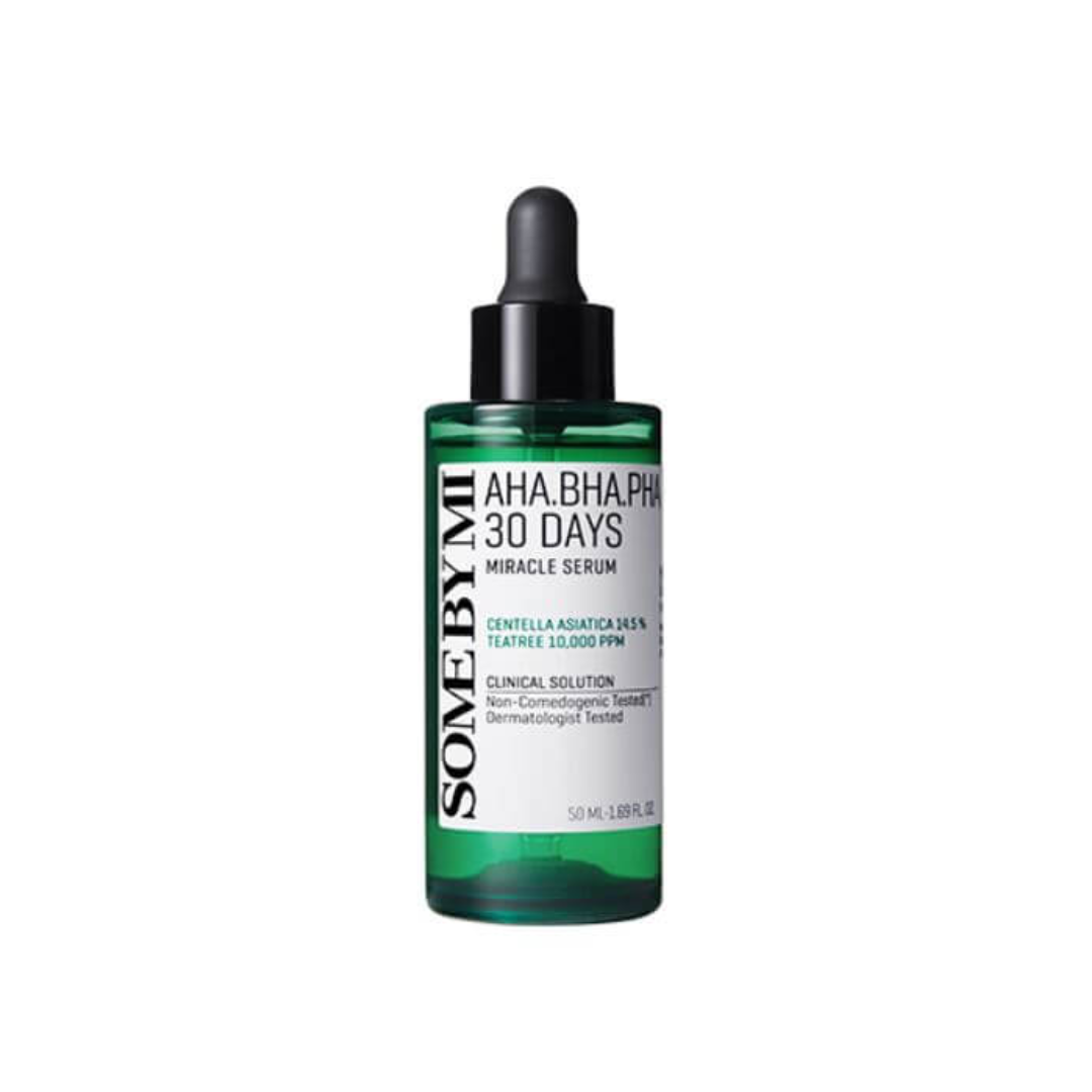 SOME BY MI AHA BHA PHA 30 Days Miracle Serum is crafted to enhance skin texture and promote a clearer complexion. Formulated with Centella Asiatica Extract and Tea Tree Leaf Water, it helps calm and hydrate the skin. Its blend of AHA, BHA, and PHA gently exfoliates, removes impurities, and minimizes the appearance of pores. Infused with botanical extracts such as Chamomile, Lavender, and Basil, this serum nourishes and revitalizes the skin, leaving it smoother, healthier, and more radiant.