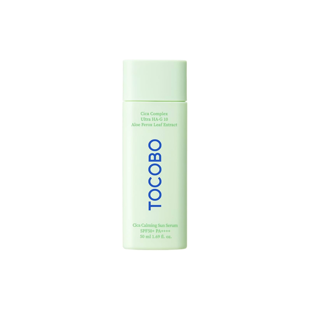 TOCOBO Cica Calming Sun Serum offers SPF 50+ PA++++ protection with a lightweight, hydrating formula. Infused with Centella Asiatica Extract, Niacinamide, and multiple forms of Hyaluronic Acid, it soothes, hydrates, and brightens while calming irritation. Perfect for sensitive or combination skin, it leaves a smooth, non-greasy finish for daily sun care.