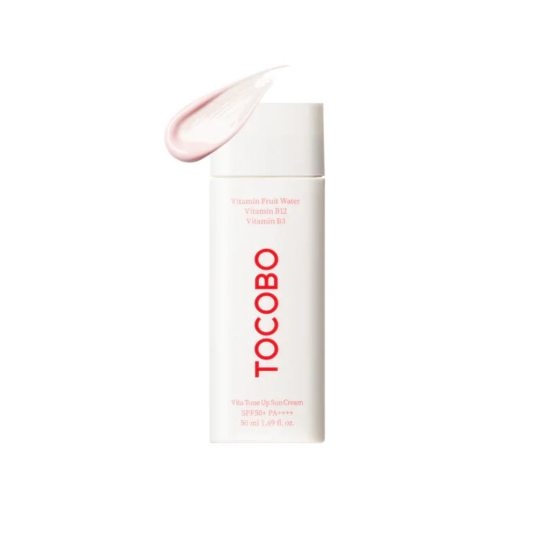 TOCOBO Vita Tone Up Sun Cream offers advanced sun protection while providing a brightening and even-toned finish. Infused with Hippophae Rhamnoides Water and Niacinamide, this sunscreen nourishes and revitalizes the skin, promoting a healthy glow. Sodium Hyaluronate ensures hydration, while Titanium Dioxide provides effective UV defense. Its lightweight formula smooths easily onto the skin, leaving a soft tone-up effect without a heavy feel. Ideal for daily use, this sun cream protects, hydrates, and bright