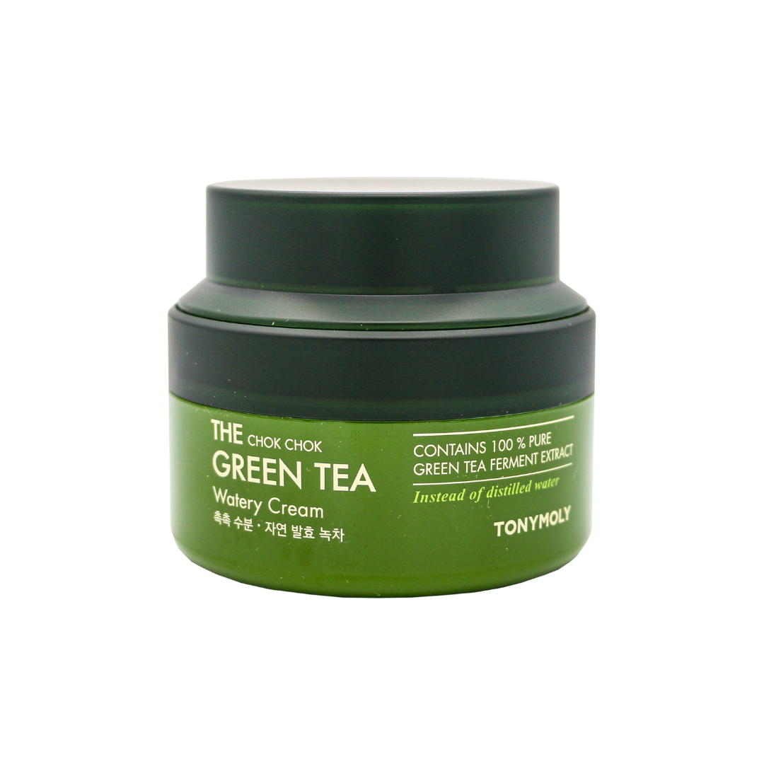 TONYMOLY The Chok Chok Green Tea Watery Moisture Cream provides lightweight yet long-lasting hydration in a refreshing gel texture. Powered by Green Tea Extract, it delivers antioxidants to protect and revitalize the skin while keeping it calm and balanced. With soothing Allantoin and brightening Vitamin C Derivative, this cream helps improve skin tone and leaves the complexion smooth, soft, and healthy-looking.