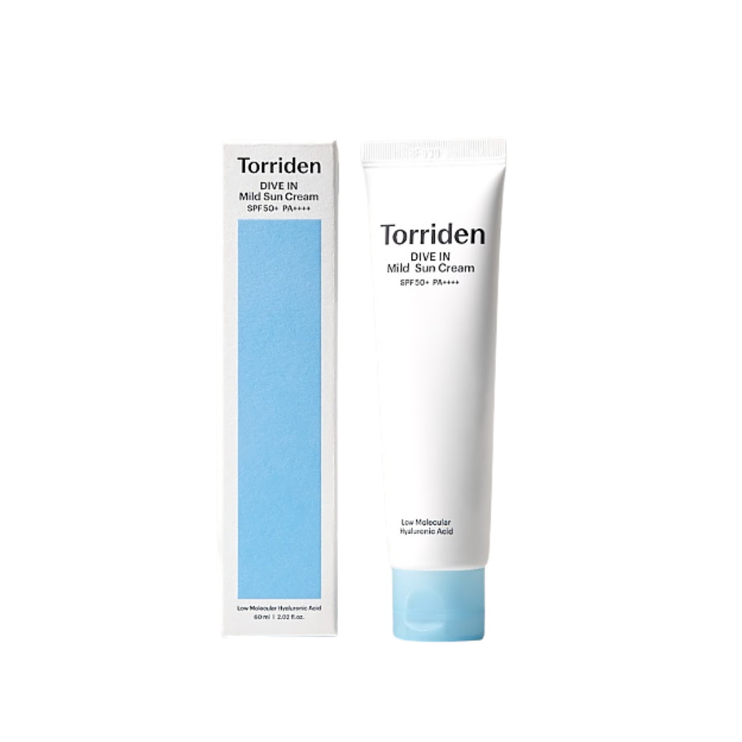 TORRIDEN DIVE-IN Mild Sun Cream combines effective sun protection with deep hydration for sensitive skin. Powered by Zinc Oxide for broad-spectrum SPF defense, it features an advanced 8-layer Hyaluronic Acid Complex to lock in moisture and maintain skin hydration throughout the day. Enriched with Panthenol, Allantoin, and Ceramide, it soothes and strengthens the skin barrier, while botanical extracts like Witch Hazel, Chamomile, and Aloe Vera calm and nourish. This lightweight, non-greasy formula ensures a 