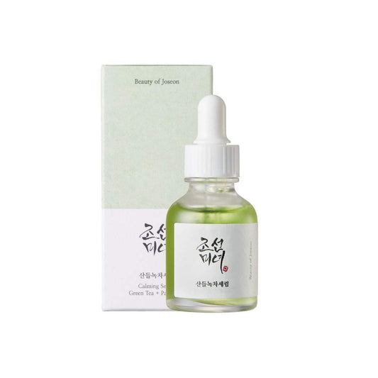 BEAUTY OF JOSEON Calming Serum: Green Tea + Panthenol is a soothing serum designed to calm and hydrate sensitive or irritated skin. Enriched with Green Tea Water and Centella Asiatica Extract, it helps reduce redness and protect the skin barrier, while Panthenol and Allantoin deliver deep hydration and relief. Lightweight and gentle, it leaves skin balanced, refreshed, and comfortable with a healthy glow.