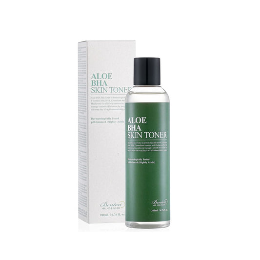BENTON Aloe BHA Skin Toner is a soothing and exfoliating toner that helps clarify and hydrate the skin. Made with Aloe Vera and Salicylic Acid (BHA), it gently removes dead skin cells, unclogs pores, and calms irritation. Enriched with Sodium Hyaluronate and Beta-Glucan, it leaves the skin soft, refreshed, and balanced—ideal for oily, acne-prone, or sensitive skin types.