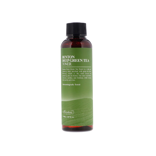 BENTON Deep Green Tea Toner is a refreshing, hydrating toner infused with 50% Green Tea Leaf Water to soothe and revitalize the skin. Enriched with Centella Asiatica, Houttuynia Cordata, and Sodium Hyaluronate, it helps calm irritation, balance oil, and deliver lightweight moisture. Perfect for all skin types, especially sensitive and combination skin.