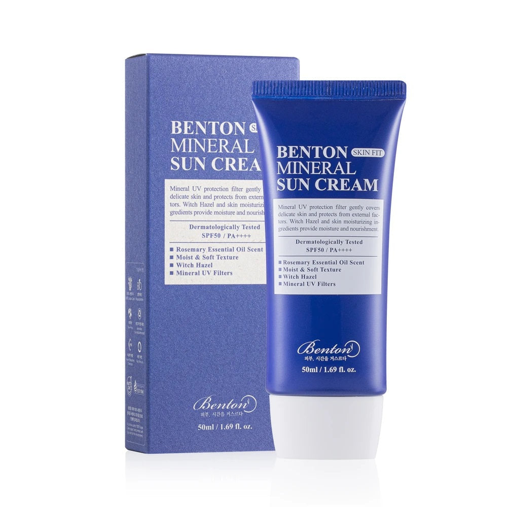 BENTON Skin Fit Mineral Sun Cream is a gentle, non-irritating sunscreen formulated with Zinc Oxide to provide broad-spectrum SPF protection. Enriched with soothing ingredients like Witch Hazel Extract, Madecassoside, and Panthenol, it helps calm and nourish the skin while defending against UV damage. With added Niacinamide and Calamine, it brightens and balances the skin, making it perfect for daily use on sensitive and acne-prone skin types.