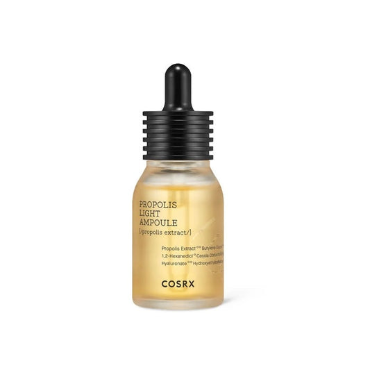 COSRX Full Fit Propolis Light Ampoule is a lightweight, nourishing serum enriched with Propolis Extract to hydrate, soothe, and revitalize your skin. The ampoule delivers a boost of moisture with Sodium Hyaluronate and Panthenol, leaving your complexion smooth, radiant, and refreshed. Perfect for adding a natural glow, this ampoule is suitable for all skin types.