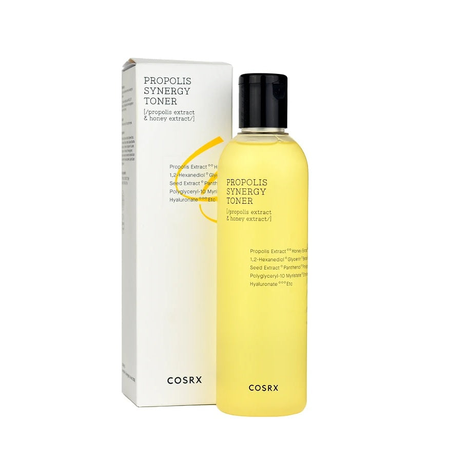 COSRX Full Fit Propolis Synergy Toner is a deeply hydrating facial toner designed to nourish and soothe the skin. Formulated with Propolis Extract and Honey Extract, it helps improve skin radiance while delivering lasting moisture. The lightweight formula absorbs easily, leaving skin feeling soft, plump, and comfortably hydrated, making it a great addition to daily Korean skincare routines.