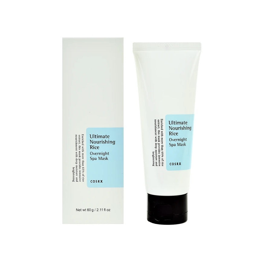 COSRX Ultimate Nourishing Rice Overnight Spa Mask is a versatile sleeping mask infused with Rice Extract to brighten and deeply hydrate the skin. Enriched with Niacinamide, Sunflower Seed Oil, and Betaine, it locks in moisture and restores radiance for a healthy glow. This lightweight formula can be used as an overnight mask, wash-off mask, or daily moisturizer, leaving skin soft, smooth, and nourished. Perfect for enhancing skin's natural luminosity.
