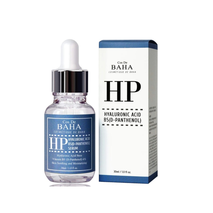 COS DE BAHA (HP) Hyaluronic Acid + B5 (D-Panthenol) Serum offers intense hydration and skin barrier support, ideal for all skin types. It combines Hyaluronic Acid with Vitamin B5 to deeply moisturize and enhance skin resilience. Niacinamide improves skin texture and clarity, while a mix of soothing botanical extracts, including Rosa Damascena and Lavender, calms the skin. Use this serum regularly to maintain a hydrated, smooth, and healthy complexion.