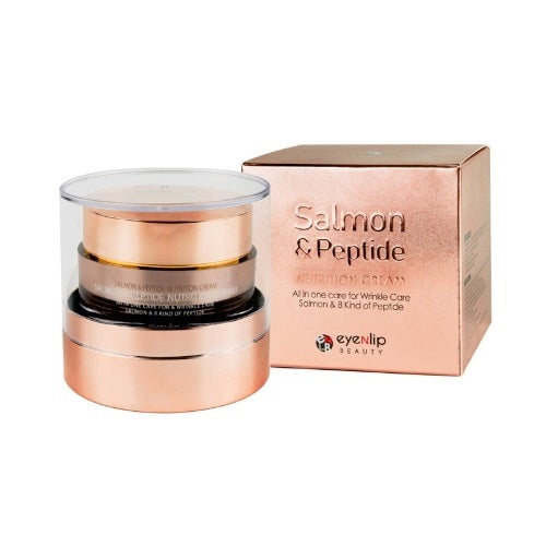 EYENLIP Salmon & Peptide Nutrition Cream delivers deep hydration and firming care with a blend of Salmon Egg Extract, Peptides, and Niacinamide. This nourishing formula helps improve skin texture and elasticity while supporting moisture retention with Ceramide NP and Hyaluronic Acid. Ideal for those seeking a smoother, more supple complexion.