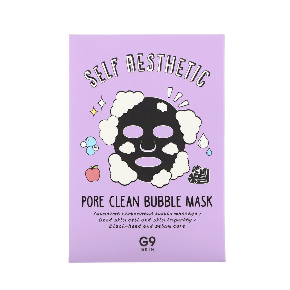 G9SKIN Self Aesthetic Pore Clean Bubble Mask is a self-foaming pore care mask that helps cleanse, purify, and refresh the skin. When applied, the mask transforms into soft bubbles that lift away buildup and excess sebum from the pores. With Kaolin and gentle exfoliating ingredients like Salicylic Acid and Betaine Salicylate, it helps improve the look of congested skin without feeling harsh. A blend of plant extracts supports a calm, balanced complexion, leaving skin smooth, clean, and revitalized after each