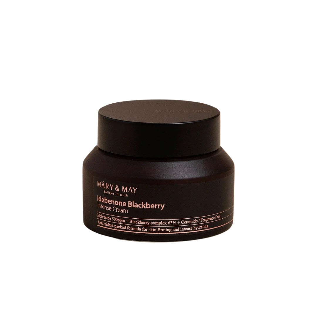 MARY & MAY Idebenone + Blackberry Complex Intensive Cream is packed with 63% blackberry extract and powerful antioxidants like idebenone and blueberry to revitalize and protect your skin. Niacinamide brightens and evens tone, while panthenol and hydrating ingredients leave your skin smooth, soft, and radiant. Perfect for daily use to restore a healthy, glowing look.