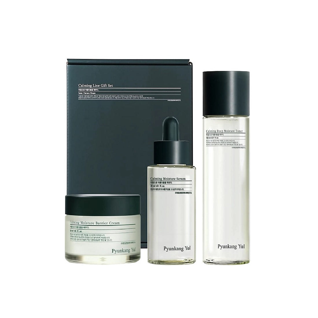 PYUNKANG YUL Calming Line Gift Set is a soothing 3-step skincare routine designed for sensitive and acne-prone skin. The toner gently exfoliates and hydrates, the serum strengthens the skin barrier, and the cream locks in moisture while helping control excess oil. Enriched with Centella Asiatica, Tea Tree, Ceramide, and multiple forms of Hyaluronic Acid, this set helps calm irritation, improve skin texture, and maintain a balanced, healthy-looking complexion.